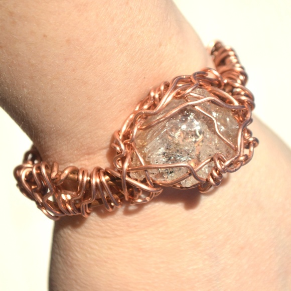 Conceptual Subculture Jewelry - Herkimer Diamond Quartz Copper Cuff Bracelet OOAK